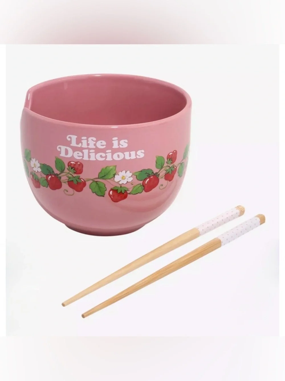 Strawberry Shortcake Pink 20oz Ceramic Ramen Bowl with Chopsticks- New